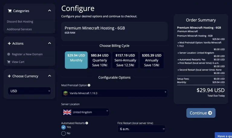 Panel de configuración para comprar un servidor de Minecraft 1.19.3.